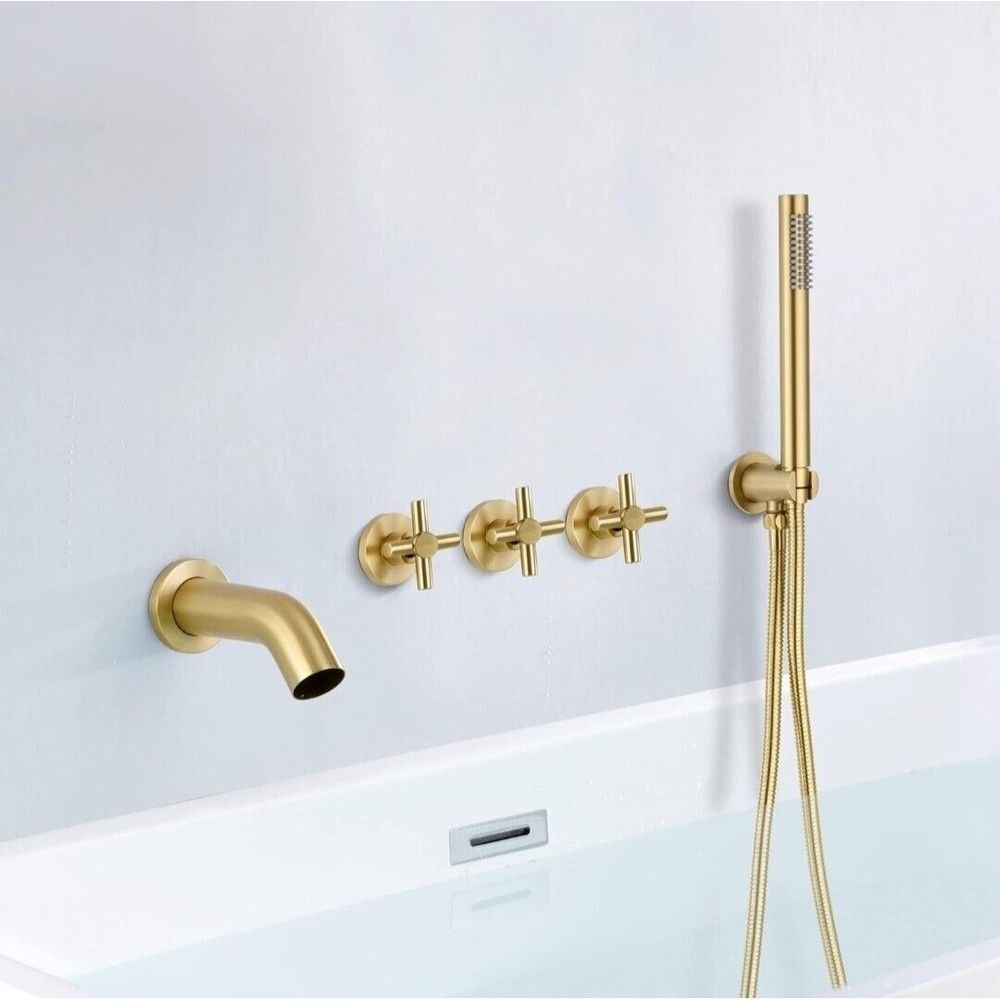 SUMERAIN Triple Handle Wall Mount Roman Tub Faucet w/ Hand Shower, Brushed Gold